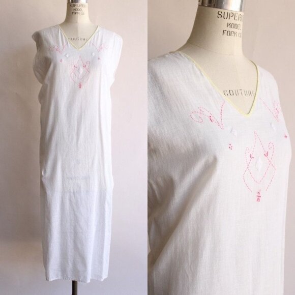 Vintage 1910s 1920s Nightgown, Volup Size Antique White Cotton Embroidered - Picture 1 of 10